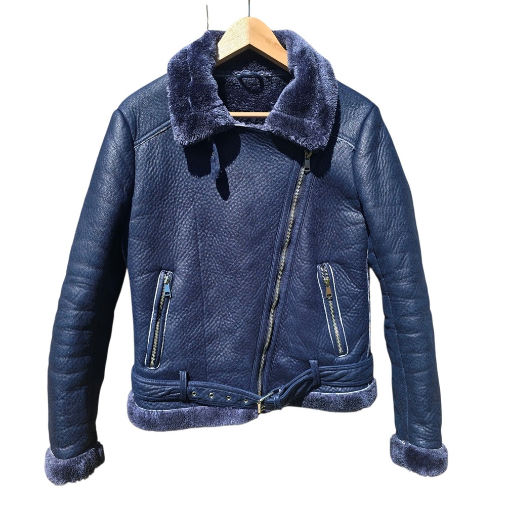 Robert Phillipe Women's Blue Faux Leather‎ Aviator Biker Jacket - Size M